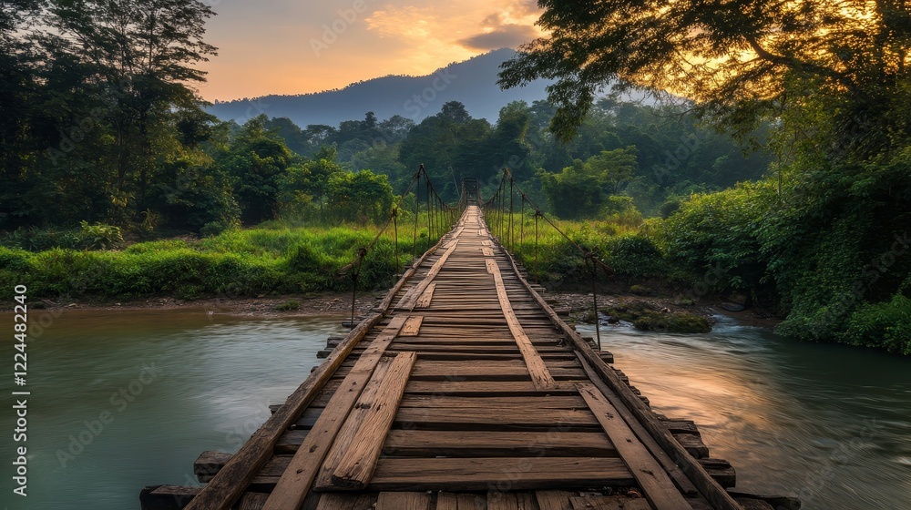 Fototapeta premium Wooded bridge over the river in Sangkhlaburi District, Kanchanaburi, Thailand. And is a major tourist attraction of Thailand