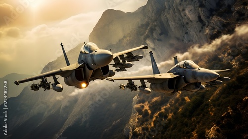 Two high performance fighter jets soaring through the sky engaged in a dynamic and intense simulated dogfight exercise  The aircraft demonstrate their agility speed