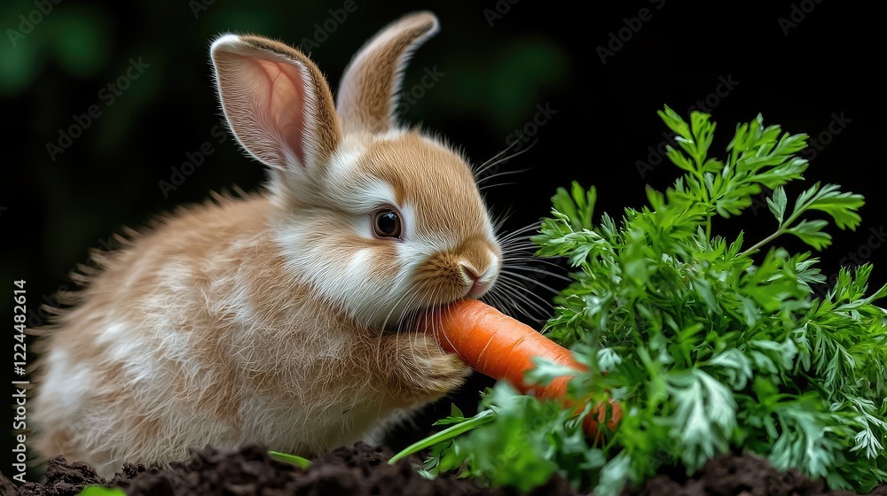 Cute bunny eating carrot in garden, dark background