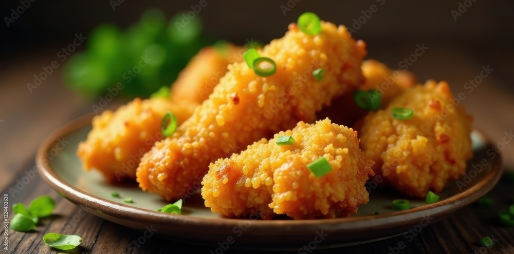 Golden fried chicken, bright green onion accents, meal, texture Golden fried chicken, bright green onion accents, meal, texture