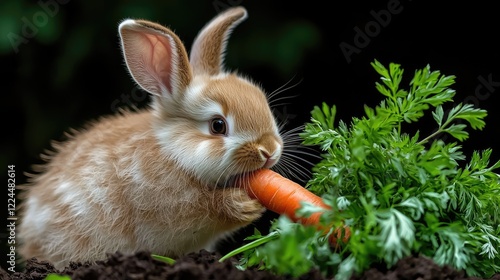 Obraz na płótnie Cute bunny eating carrot in garden, dark background w salonie