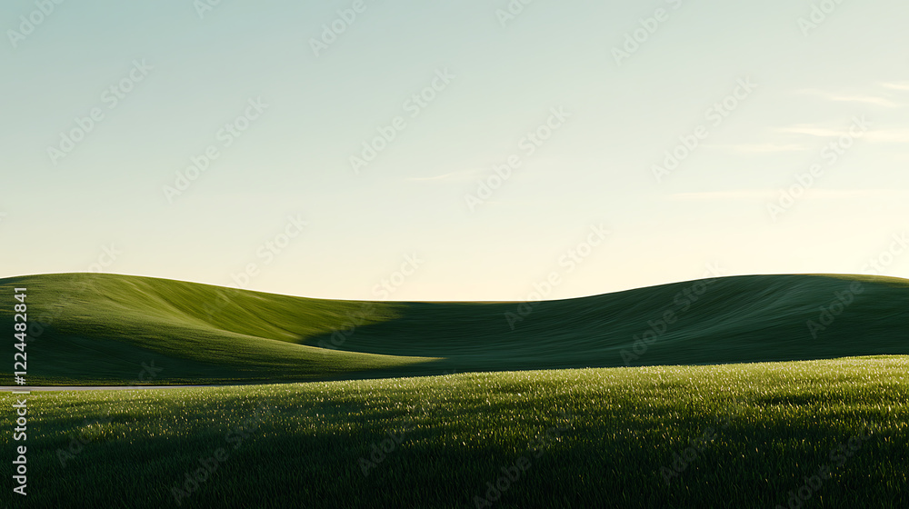 Green hills in rolling landscape at sunset with soft sunlight casting shadows across empty meadow and grassland Green hills in rolling landscape at sunset with soft sunlight casting shadows across empty meadow and grassland
