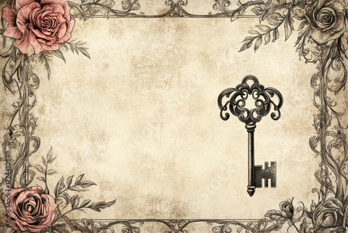 Ornate Key and Roses Vintage Design Background photo