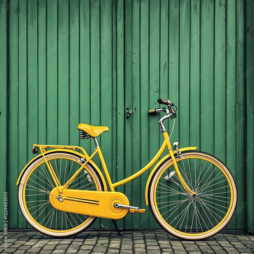 Yellow bicycle parked in front of teal green wooden garage doors Yellow bicycle parked in front of teal green wooden garage doors