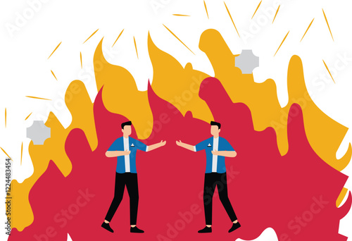 Conflicts and contradictions, quarrels, arguments or rivalries, two businessmen with their backs on fire trying to attack each other