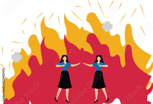 Conflicts and contradictions, quarrels, arguments or rivalries, two businesswomen with their backs on fire trying to attack each other
