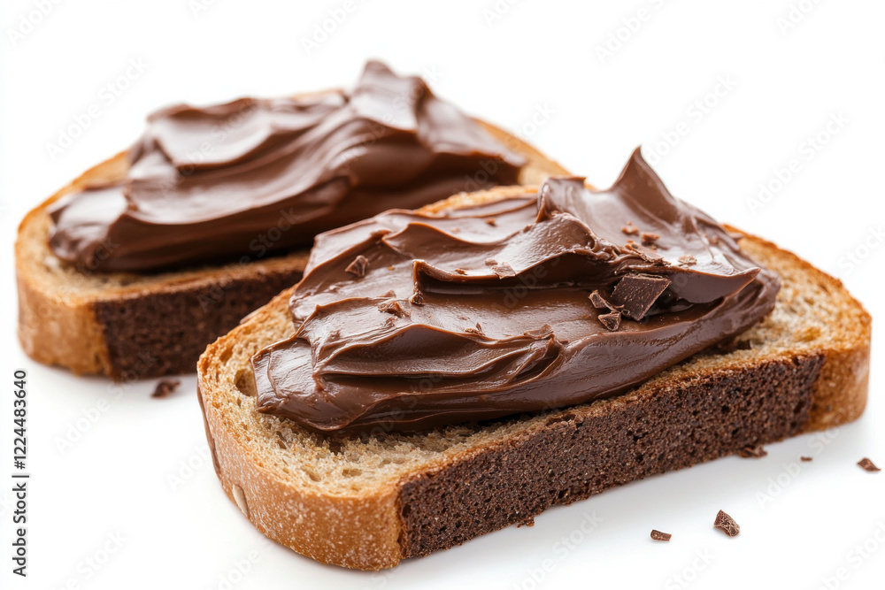 Chocolate spread generously on slices of artisan bread Chocolate spread generously on slices of artisan bread