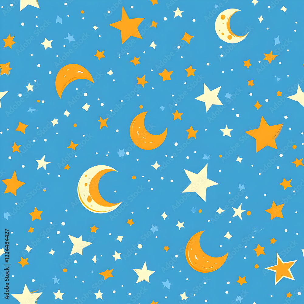A playful pattern featuring moons and stars on a blue background. A playful pattern featuring moons and stars on a blue background.