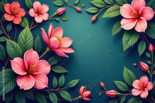 Vibrant blossoms, intricate leaves, continuous floral design, pattern, retro, repeat