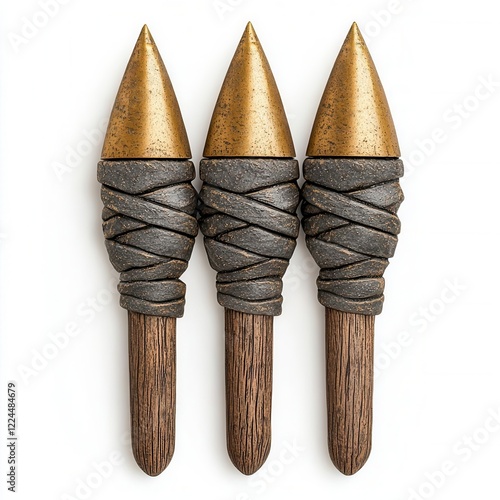 A photostock of spears with golden tips and wooden handles, standing upright against a clean white backdrop, symbolizing strength and heritage. High Quality photo