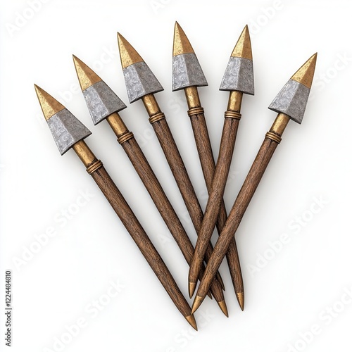 A photostock of spears with golden tips and wooden handles, standing upright against a clean white backdrop, symbolizing strength and heritage. High Quality photo