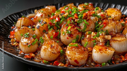 93.A detailed image of tender grilled scallops, arranged on a plate with bright red and orange Thai seafood sauce, the spices visibly clinging to the shellfish, set on a deep background for contrast. photo