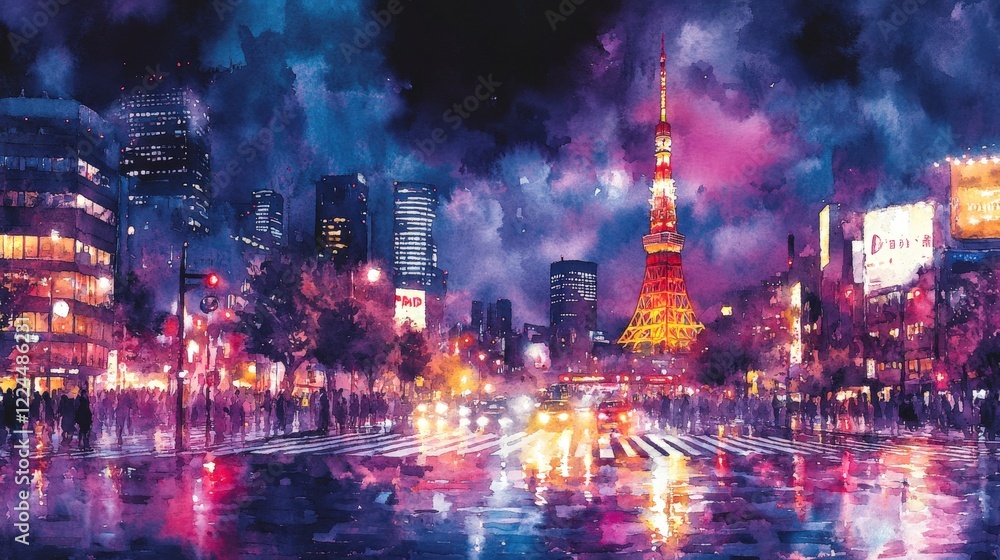 Obraz premium Vibrant watercolor painting of Tokyo at night