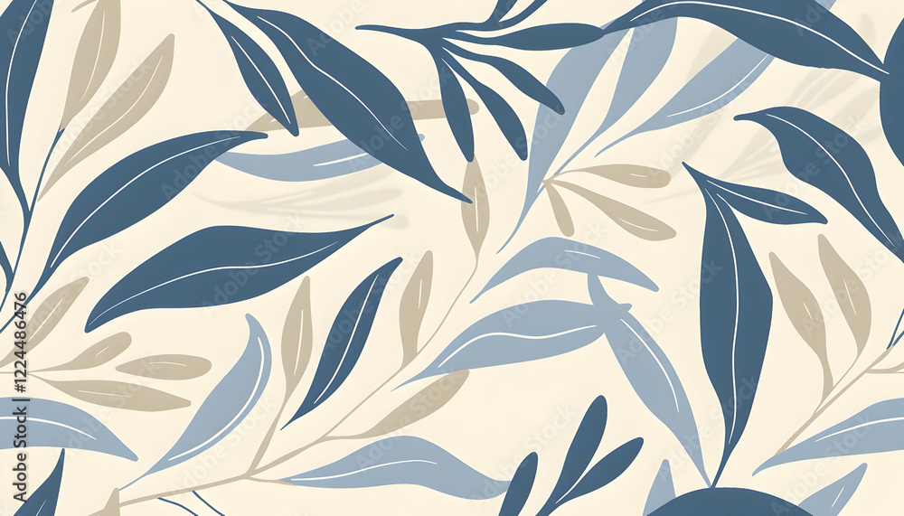 A seamless pattern of stylized leaves in blue and beige tones on a light background. A seamless pattern of stylized leaves in blue and beige tones on a light background.