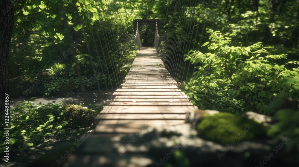Wooded suspension bridge path, nature scene, summer Wooded suspension bridge path, nature scene, summer