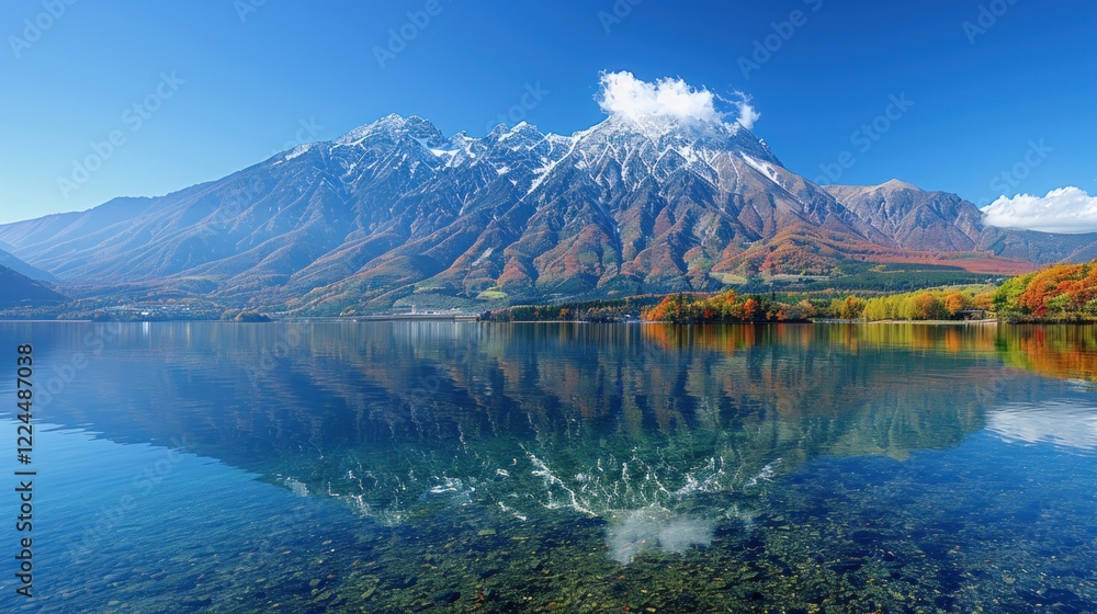 Fototapeta premium Serene Autumn Lake Reflecting Snow-Capped Mountain Range