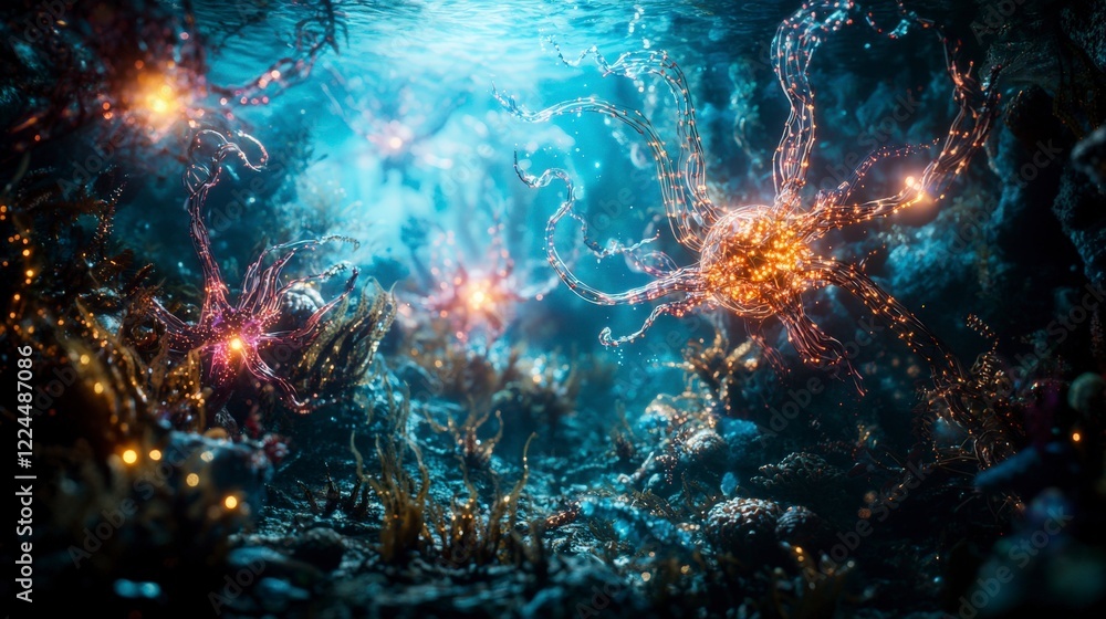 Underwater exploration a fantasy concept of bioengineered life in stunning ocean depths - immersive digital art Underwater exploration a fantasy concept of bioengineered life in stunning ocean depths - immersive digital art