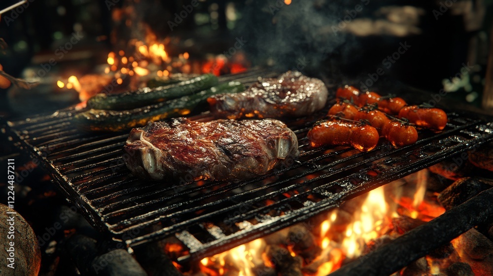 45.An inviting grill scene featuring seared cuts of meat and fresh vegetables on a grate, with flames and embers glowing brightly, capturing the warmth of outdoor cooking. 45.An inviting grill scene featuring seared cuts of meat and fresh vegetables on a grate, with flames and embers glowing brightly, capturing the warmth of outdoor cooking.