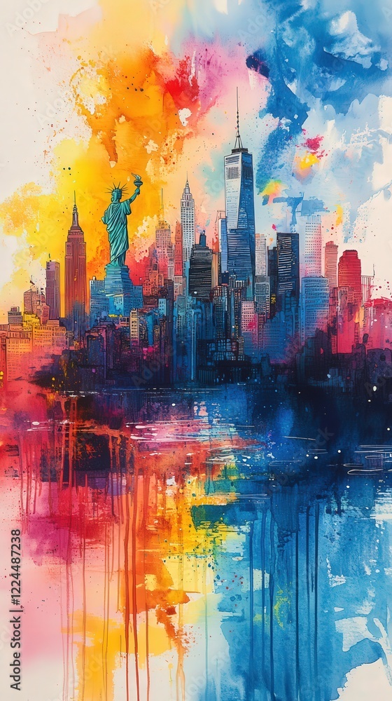 Fototapeta premium Vibrant watercolor painting of New York City skyline