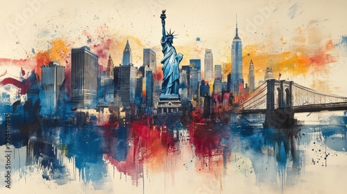 Vibrant watercolor painting of New York City skyline photo