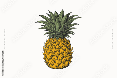 Pineapple in graphic style. Dessert and exotic fruit. Organic food concept. Tropical plant. Vintage botanical illustration on a light isolated background.