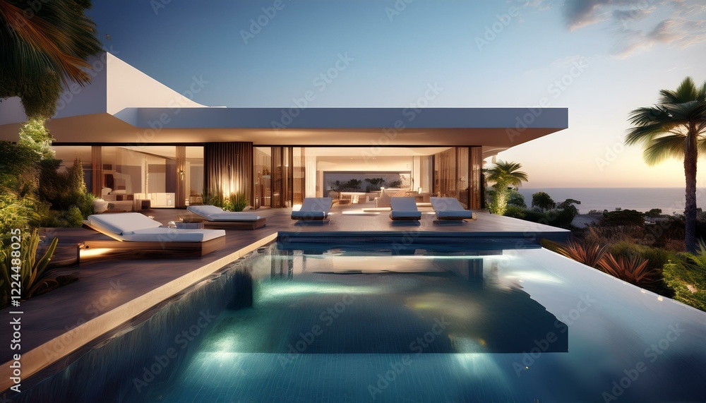 Fototapeta premium Luxury Modern Mansion at Sunset – Architectural Masterpiece