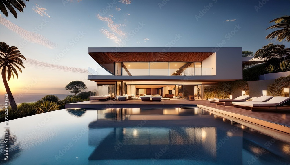 Fototapeta premium Luxury Modern Mansion at Sunset – Architectural Masterpiece