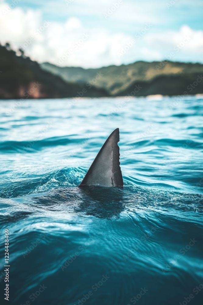 Fototapeta premium A shark fin slices through turquoise ocean waves, set against a backdrop of lush coastal hills and blue sky.
