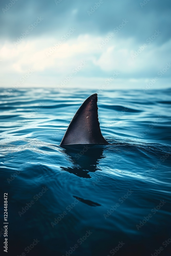 Fototapeta premium A lone shark fin breaks through the ocean's surface under a moody sky, symbolizing mystery and power in nature.