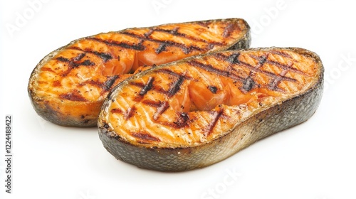 61.A close-up of perfectly grilled salmon steaks, their tender flesh glistening with a light golden crust, isolated on a white background to highlight their texture and color.