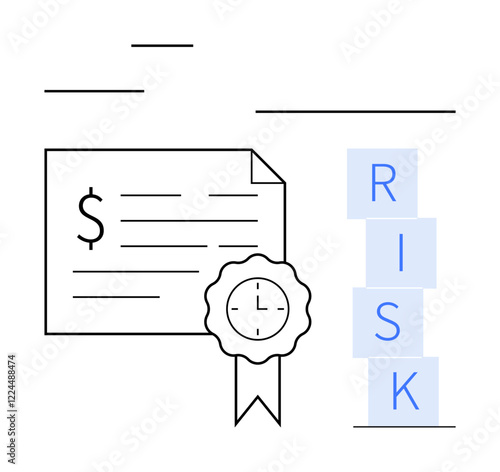 Financial document with dollar sign, detailed fields, and ribbon seal. Stack of blue blocks spelling RISK beside it. Ideal for investment, finance, budget plan, legal compliance, risk management