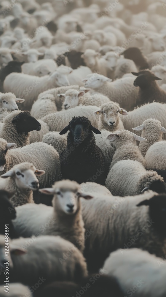 Fototapeta premium A single black sheep stands out in a large flock of white sheep, symbolizing uniqueness and individuality.