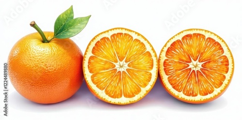 Vibrant watercolor oranges, halves & slices Isolated on white , isolated, bright