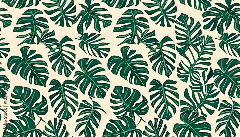 A seamless pattern featuring green tropical leaves on a light background. A seamless pattern featuring green tropical leaves on a light background.