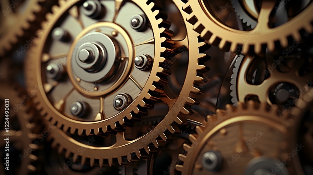 Close up detailed view of gears and cogs in motion inside an industrial machine or mechanism Metallic mechanical engineering technology and manufacturing concept Close up detailed view of gears and cogs in motion inside an industrial machine or mechanism Metallic mechanical engineering technology and manufacturing concept