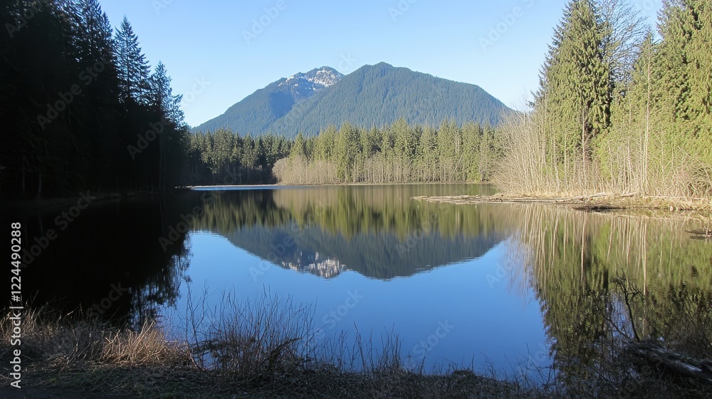 Serene Lake with Mountain Reflection in Clear Sky Serene Lake with Mountain Reflection in Clear Sky