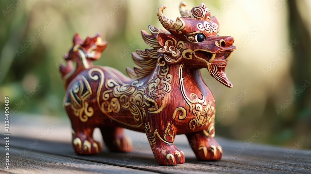 Fototapeta premium A unique hand-carved wooden Chinese zodiac animal with intricate details, painted in festive red and gold tones
