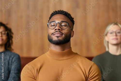 Community mindfulness for mental health awarenes. Focused man in glasses, meditating amidst others in a calm setting. photo