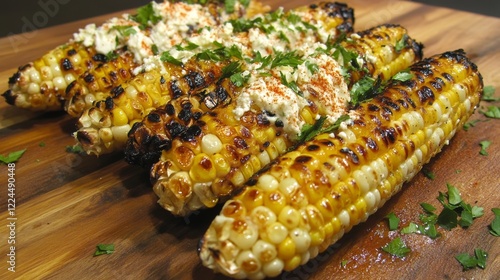 73.A vibrant image of grilled sweet corn, bursting with flavor, coated in melted butter, herbs, and cheese, arranged on a rustic wooden backdrop for a delicious, inviting presentation. photo