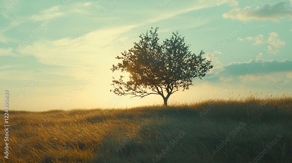 Solitary tree sunset field landscape, peaceful nature scene Solitary tree sunset field landscape, peaceful nature scene