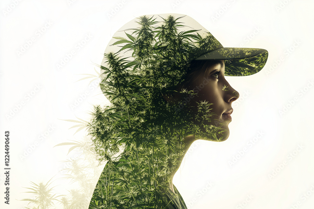 Cannabis Silhouette: A woman's profile is artfully blended with lush cannabis plants, creating a striking double exposure image that evokes themes of nature, growth, and self-discovery. Cannabis Silhouette: A woman's profile is artfully blended with lush cannabis plants, creating a striking double exposure image that evokes themes of nature, growth, and self-discovery.