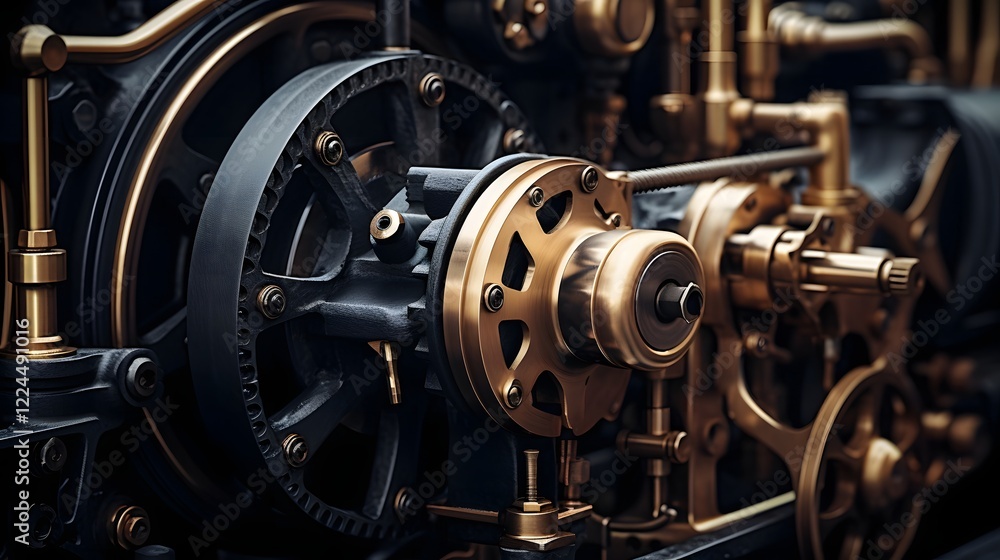 Detailed view of an antique steam engine featuring its inner workings and exposed gears components and machinery Detailed view of an antique steam engine featuring its inner workings and exposed gears components and machinery