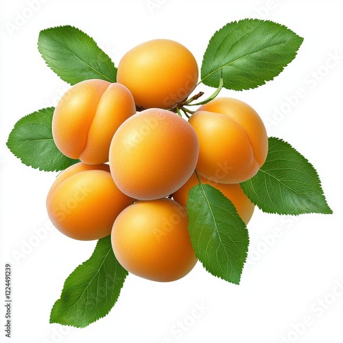 A cluster of fresh apricots with golden-orange tones and realistic leaf details attached. High Quality photo