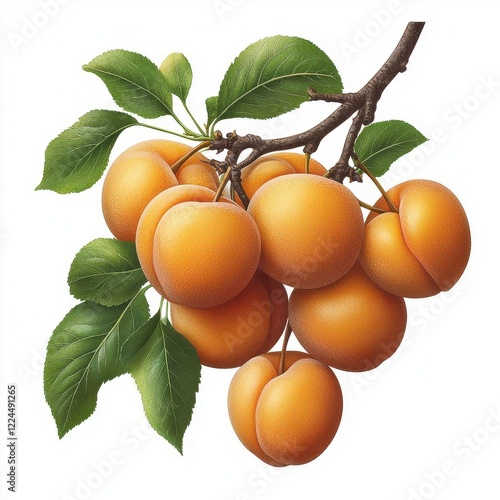 A cluster of fresh apricots with golden-orange tones and realistic leaf details attached. High Quality photo