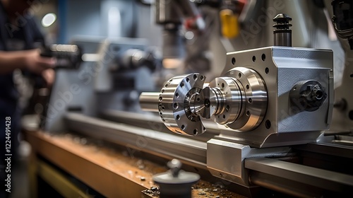 Precision lathe machinery turning and shaping a metal piece in an industrial metalworking workshop with various manufacturing tools and equipment  Concept of engineering fabrication photo