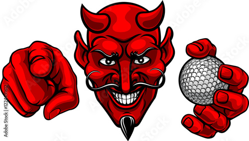 A devil man holding golf ball and pointing sports team mascot illustration.