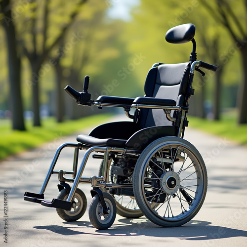 Modern electric wheelchair on paved path in sunny park