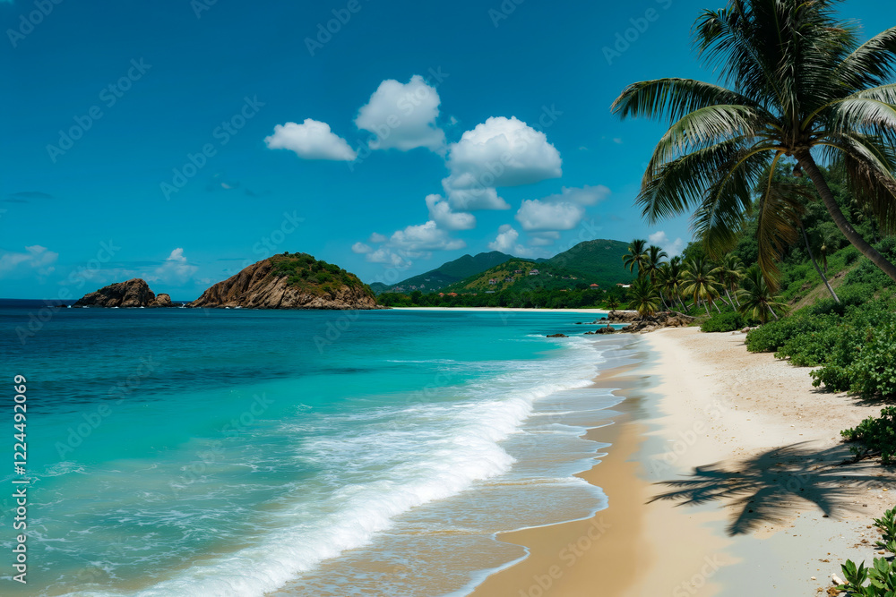A sandy beach with palm trees and a body of water A sandy beach with palm trees and a body of water