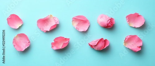 Wallpaper Mural Pink rose petals on light blue background flat lay floral design delicate nature beauty Torontodigital.ca