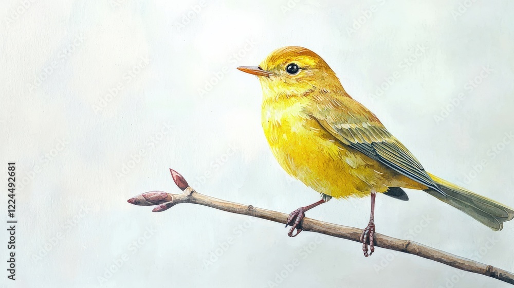 Obraz premium A vibrant yellow bird perches on a branch against a soft, muted background, showcasing its delicate features and lively colors.